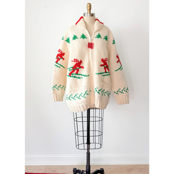 Vintage 60s Hand Knit Mary Maxim Cowichan Cream Ski Theme Wool Sweater unisex - Picture 1 of 8